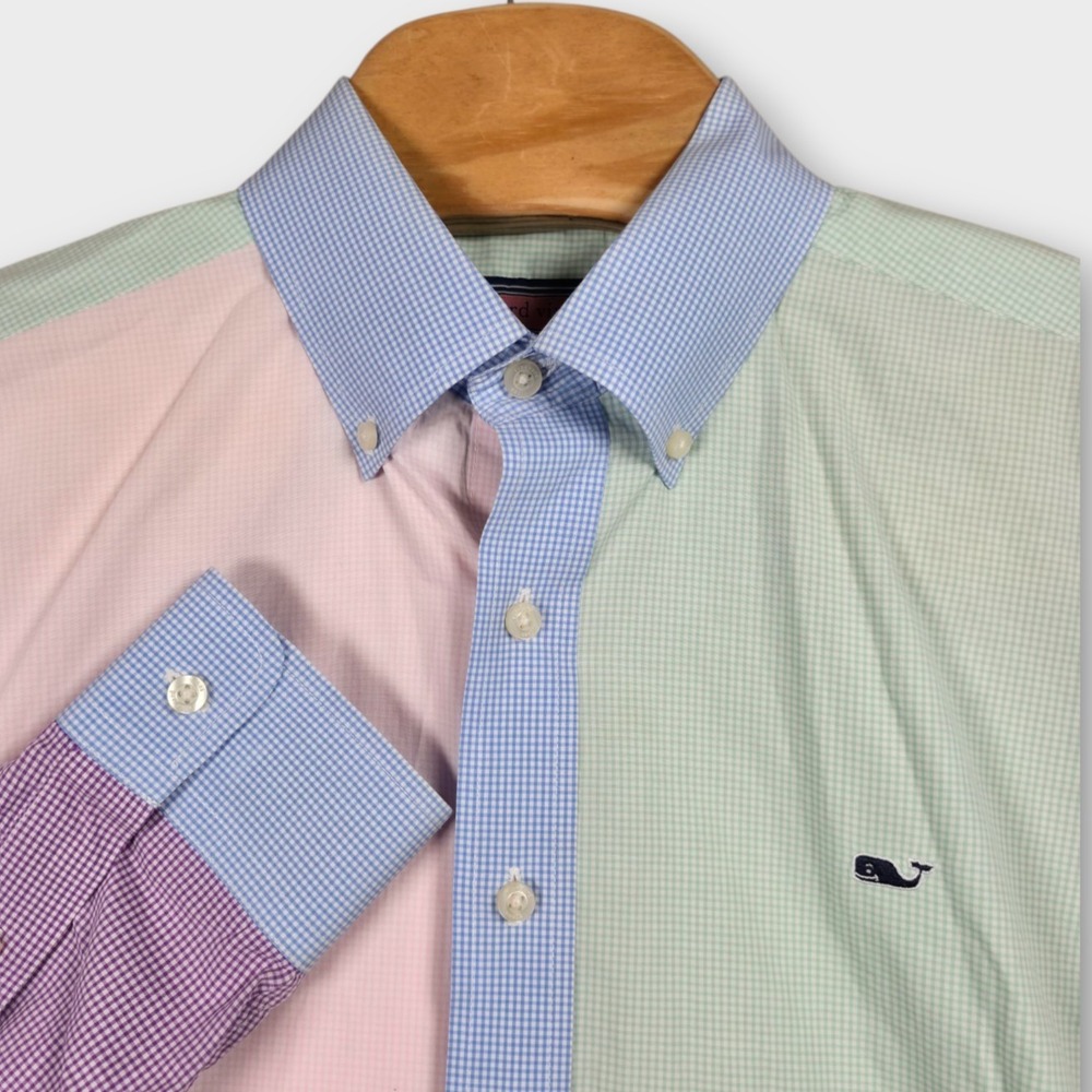 Vineyard Vines Mens Large Color Block Striped Classic Fit Whale Button Up Shirt‎